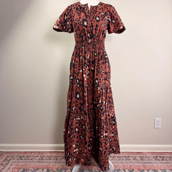Anthropologie Maeve Somerset Leopard Maxi Dress Brown Smocked Waist Pockets Sml. - Picture 4 of 15